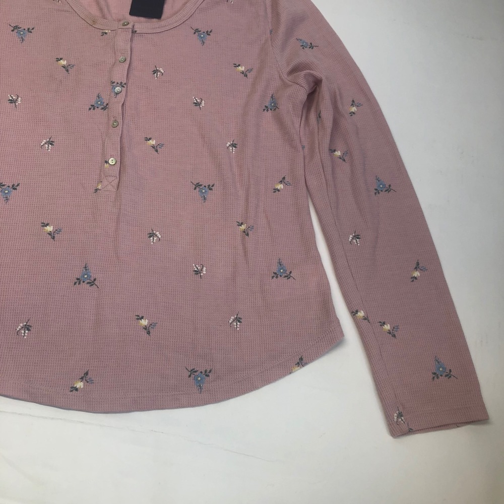 Lucky Brand Floral Waffle Knit Henley Top Long Sleeve Casual Pink L - Picture 6 of 10